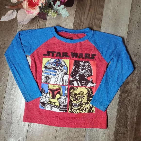 Star Wars Graphic Raglan Long Sleeve T-Shirt Blue Red Boys Size Medium 5/6 EUC - Picture 2 of 9